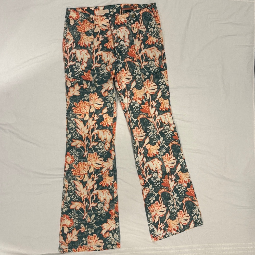 Anthropologie Floral Straight-Leg Pants in Teal & Coral
